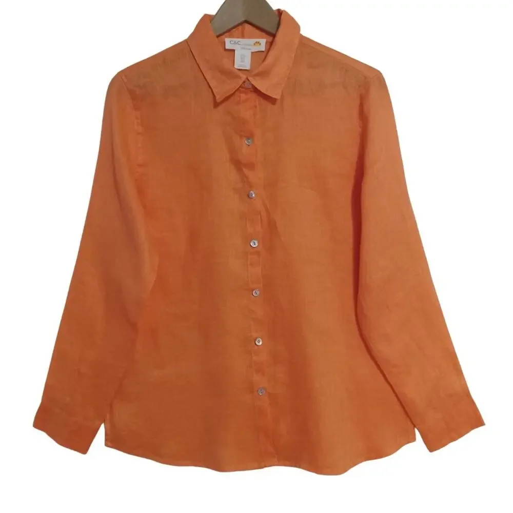 C&C California Linen Button Up Shirt Size S Orange Long Sleeve Tunic Top NEW - Picture 1 of 8